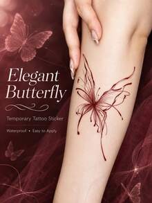 Elegant Butterfly Temporary Tattoo Sticker, Minimalist Fine Line Butterfly Design, Feminine Red Ink Body Art, Waterproof Long Lasting Fake Tattoo For Women, Aesthetic Arm Leg Tattoo Decal, Delicate Romantic Beauty Makeup Accessory - Multicolor - View 3