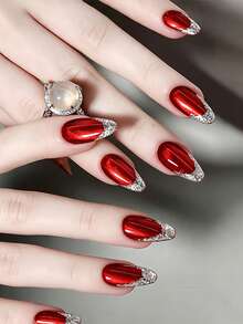 30PCS Almond Handmade Press On Nails Red Metallic Base Silver Glitter Tips Design Glossy Elegant False Nails Nail Kit With Jelly Tabs - Red - View 7