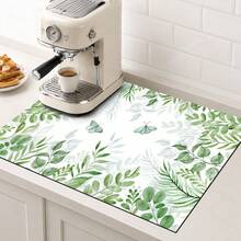 1pc Green Leaf & Butterfly Pattern Kitchen Absorbent Dish Drying Mat, Fresh Natural Style, Suitable For Kitchen Countertop, Coffee Machine, Dining Table And Spring/Summer Home Decor - Multicolor - View 3
