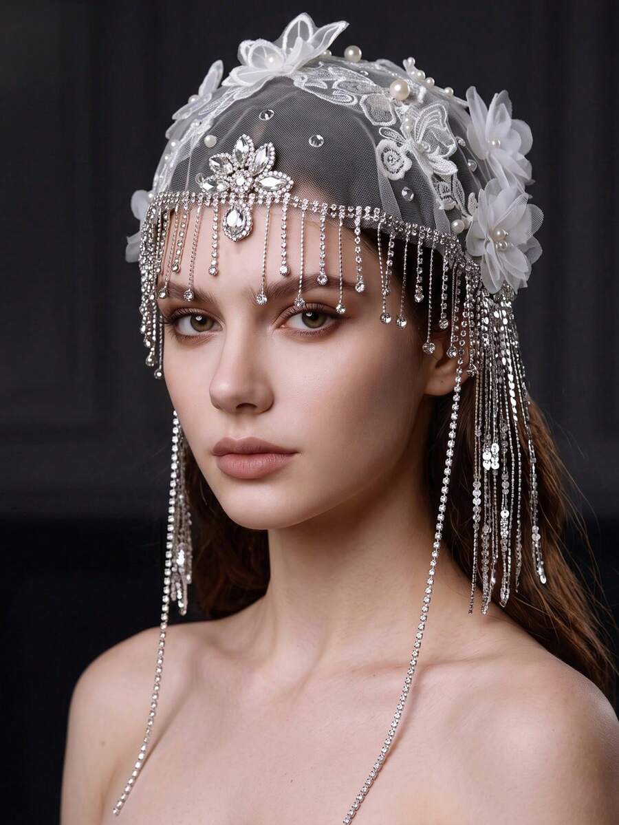 European Vintage Mesh Bridal Headpiece, Long Draping Rhinestone Chain Tassel, Handmade Flower & Pearl Bridal Accessory