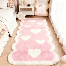 1pc Cute Wavy Edge Long Strip Rug, Pink Base Color With White Heart Pattern, Plush Texture, Sweet And Lovely, Hand-Cut With 1-5cm Error, Soft Foot Feel Long Strip Rug, Decorative Rug, Bedroom Decor, Small Rug, Rug, Home Decor, Living Room Rug, Bedroom Rug, Outdoor Rug, Washable Rug - Multicolor - View 1