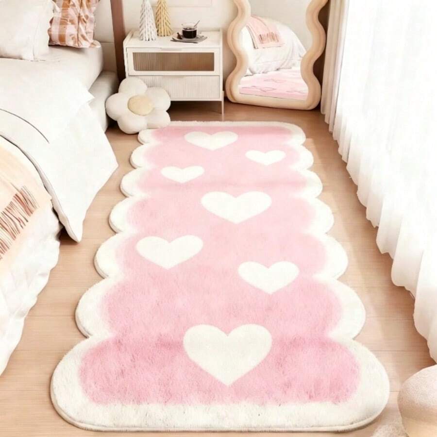 1pc Cute Wavy Edge Long Strip Rug, Pink Base Color With White Heart Pattern, Plush Texture, Sweet And Lovely, Hand-Cut With 1-5cm Error, Soft Foot Feel Long Strip Rug, Decorative Rug, Bedroom Decor, Small Rug, Rug, Home Decor, Living Room Rug, Bedroom Rug, Outdoor Rug, Washable Rug - Multicolor - View 1