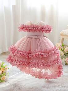 Baby Girls Round Neck Small Bow 3D Ruffle Mesh Cute Flower Girl Train Dress Suitable For Party, Headband Not Included - Dusty Pink - View 5