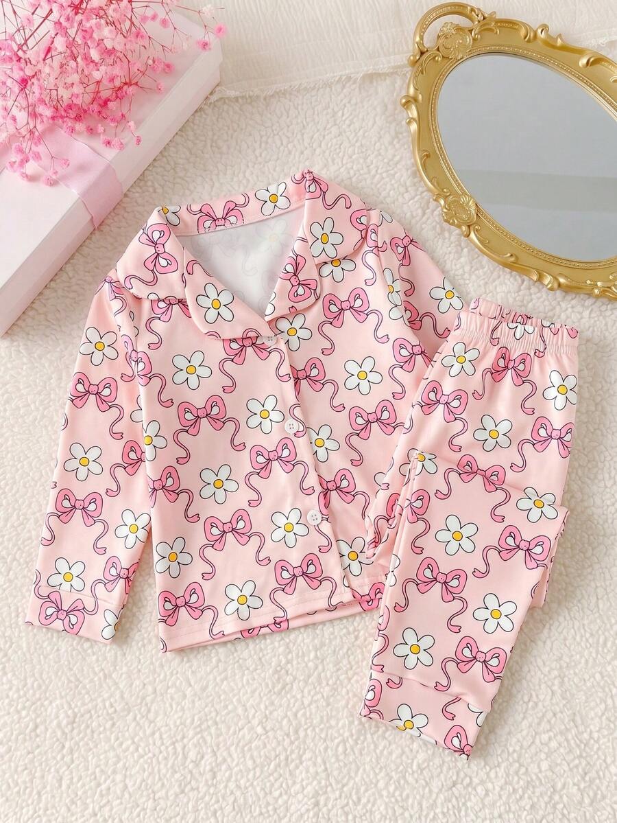 Baby Girl Gentle Style Ditsy Floral Pajama Set, Daisy & Bow Full Print Blazer Collar Button Front Long Sleeve Top + Straight Leg Pants, Soft Skin-Friendly Sleepwear 2 Pieces Set, 2026 Spring/Autumn New Fashion - Baby Pink - View 1