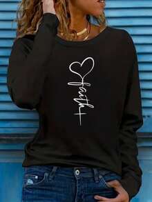 Ladies Long Sleeve Loose Crew Neck Top, Elegant Solid Color Polyester Knit T-Shirt, Autumn And Winter Fashion, Love Design Suitable For Women Casual B - Black - View 7