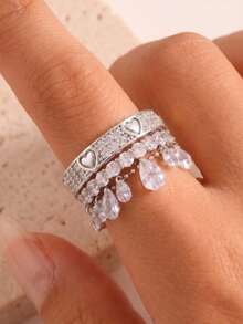 rakol 3pcs Fashion Galaxy Water Drop Multi-Heart Cubic Zirconia Tassel Beaded Ring Set - Set 8 - View 11