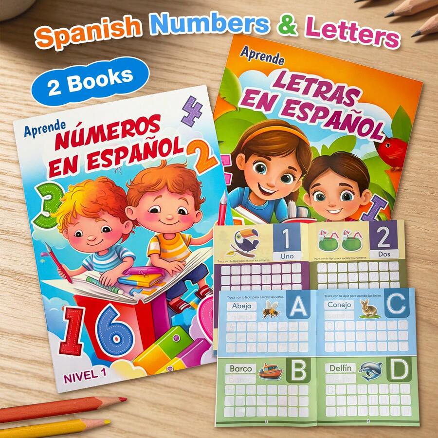 Lachilly 2 Buku Set Latihan Menulis Huruf dan Angka Bahasa Spanyol, Buku Aktivitas Menulis Tangan Bahasa Spanyol, Materi Pembelajaran Kosakata, Perlengkapan Pembelajaran Interaktif