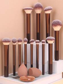 Multifunctional Makeup Brush Set, Including Powder Brush, Blush Brush, Foundation Brush, Eyeshadow Brush, Blending Brush, Contour Brush, 1 Round Makeup Sponge And 1 Powder Puff - Brown - View 5