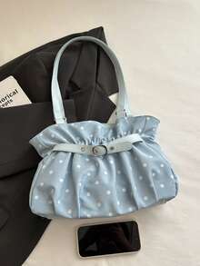 Tote Bag With Fresh Polka Dot Print, Textured Pleated Body, Pearl Lace Bow Pendant, Belt Buckle Gathered Design, Ruffle Hem, Suitable For Carrying Small Personal Items, Ideal For Daily Work, Commute, Campus, Short Trips - Blue - View 3