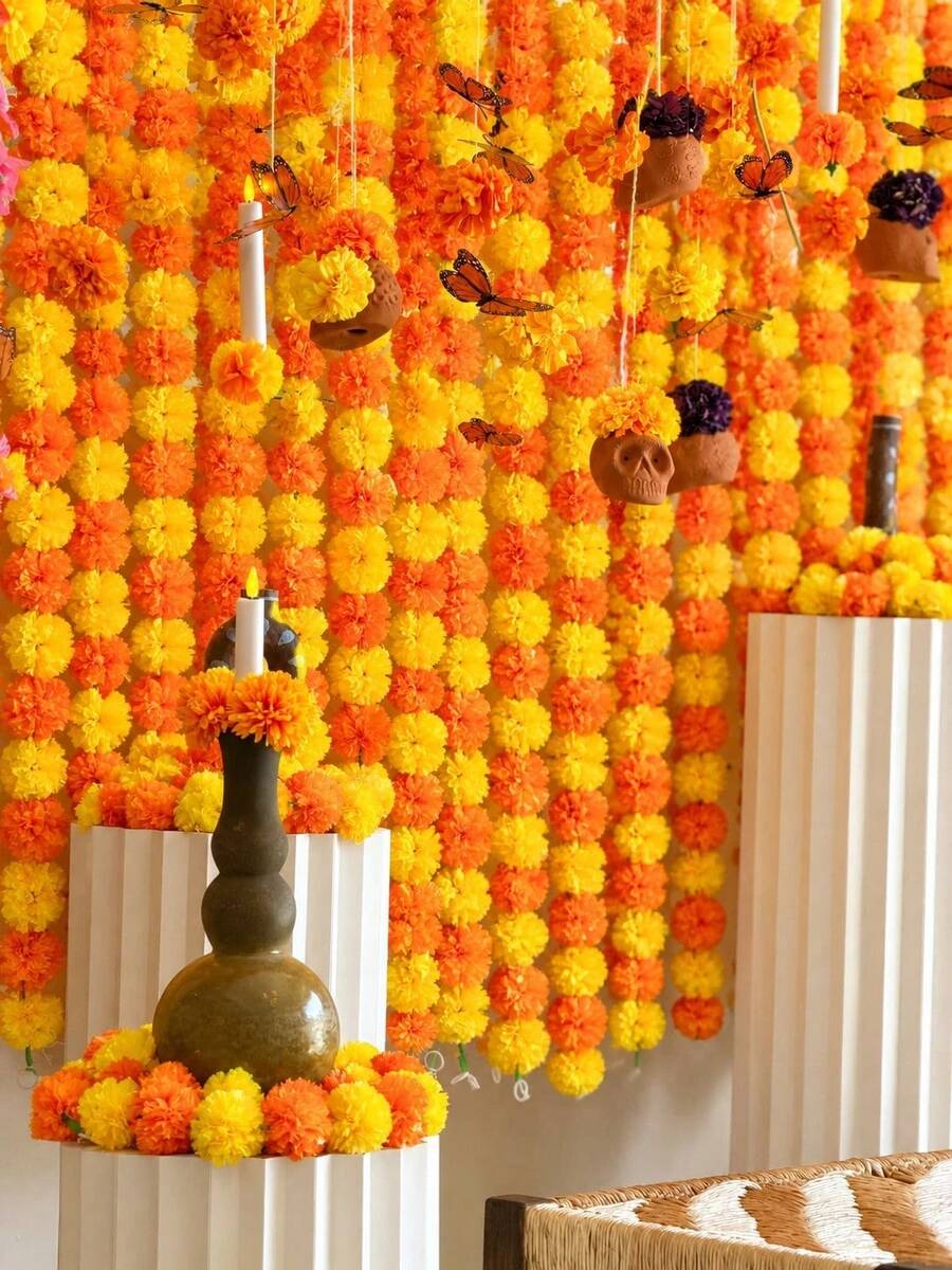 1/2/5pcs Artificial Marigold Wreath Orange & Yellow Mixed Faux Marigold Garland Flower String Crepe‑Petal Strand Hanging Garland For Pooja Toran Temple Decor Mexican Party Backdrop Halloween Wall Hanging Backdrop Arch Garland - Yellow Orange - View 1
