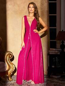 Diamond Chain Decor Deep V-Neck Sleeveless Split Leg High-End Evening Skort - Hot Pink - View 3