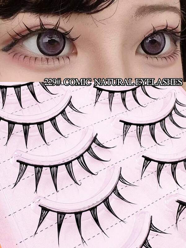 Manga Style Full Strip False Eyelashes, Dynamic Pointed Tail Design, Realistic Black Lashes, Natural Anime Makeup Effect, Multi-Pair Box Set, Use With Glue, Suitable For Daily And Cosplay Makeup Accessories