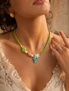 1pc Sweet Ocean Style Blue Fish, Faux Pearl, Seashell & Starfish Patchwork Necklace, Versatile Niche Collarbone Chain For Women, Summer Vacation Girly Neck Accessory - Green - View 1