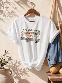 Retro Romantic Cotton Crew Neck Top, Travel Occasion,Multicolor Collage‑Theme Typography Print For Casual Street Outfit - White - View 1