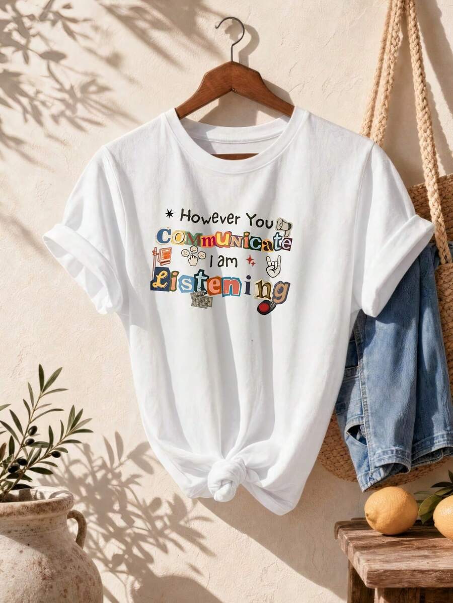 Retro Romantic Cotton Crew Neck Top, Travel Occasion,Multicolor Collage‑Theme Typography Print For Casual Street Outfit - White - View 1