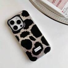 Korean Style Half-Cover Black & Silver Leopard Print Double Layer Pattern Phone Case, Compatible With Apple 18/17/16/15/14/13/12/11 Pro Max Couple Phone Protective Case, Creative Apple Phone Case, Birthday/Christmas/Halloween Gift, Gift For Boyfriend, Father, Family And Friends, Waterproof, Shockproof, Anti-Drop, Anti-Scratch - Black and White - View 1