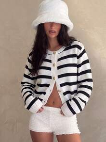 Women's Cardigan, Round Neck, Single-Breasted Button, Long Sleeve, Flared Sleeve, Commute, Minimalist, Contrast Color Striped, Loose, Lazy, Warm, Thick Knit Sweater, Autumn/Winter - White - View 2