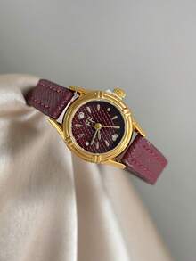 1pc Deep Red Small Round Dial Deep Red PU Strap Gold Case Fashion Women's Watch, Suitable For Daily Wear - Red - View 6
