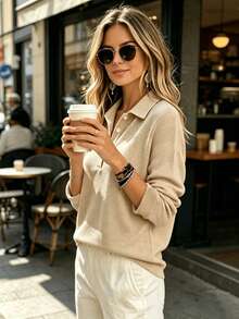 Fashion Women's Solid Color V-Neck Button Long Sleeve Blouse, Regular Fit, Suitable For Daily Wear - Khaki - View 4