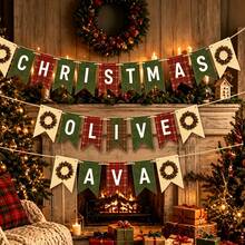 Custom Christmas Wreath Name Banner, Personalized Red Green Plaid Holiday Bunting, Festive Party Wall Decor, Customized Christmas Garland For Home Celebration, Customizable Name Hanging Banner, Holiday Decoration, Christmas Gift Decor, Room Decor - Multicolor - View 3
