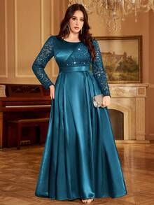 Sequin Lace Colorblock Satin Ruffle Hem Elegant Ball Gown, Formal Dress For Prom, Valentine's Day, Wedding Guest, Birthday, Homecoming, Formal Occasion, Holiday - Dusty Blue - View 3