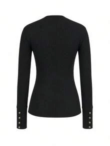 Women's Sexy Design Button Half-Open Collar Long Sleeve T-Shirt, Spring/Autumn Korean Style Fitted Base Layer Top - Black - View 3