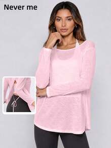 Never me Women's Sports T-Shirt Round Neck Long Sleeve Loose Fit Cover-Up With Back Cross Split Drawstring Yoga Casual Commute Top - Pink - View 2