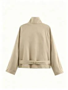 Women's Solid Color Front Button Pocket Belt Trench Coat, Elegant Commute Street Style, Autumn Winter Spring, Quiet Luxury - Khaki - View 2