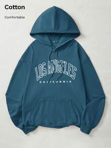Autumn Winter Men's Cotton Loose Hooded Pocket Sweatshirt With Los Angeles California White Print, Casual Street Sporty Look - Peacock Blue - View 3