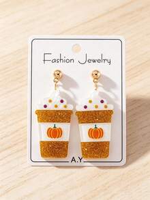 1 Pair Cute Cupcake Design Earrings, Color Block Glitter Women's Fashion Jewelry, Perfect Gift For Holiday Parties - Orange - View 1