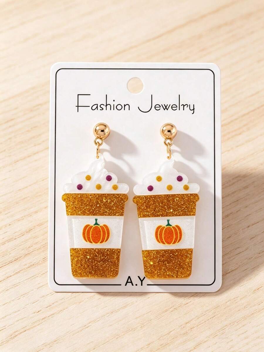 1 Pair Cute Cupcake Design Earrings, Color Block Glitter Women's Fashion Jewelry, Perfect Gift For Holiday Parties - Orange - View 1
