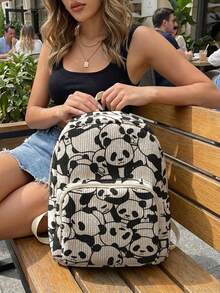 1 Piece Backpack, Women's Mini Backpack, Corduroy Girl's School Bag, Travel Storage Bag, Animal‑Printed Design, Large‑Capacity Foldable Easy‑To‑Store Bag, Lightweight And Pressure‑Relieving, Multi‑Pocket Layered Design With Zipper Closure - Red Panda 21045 - View 7