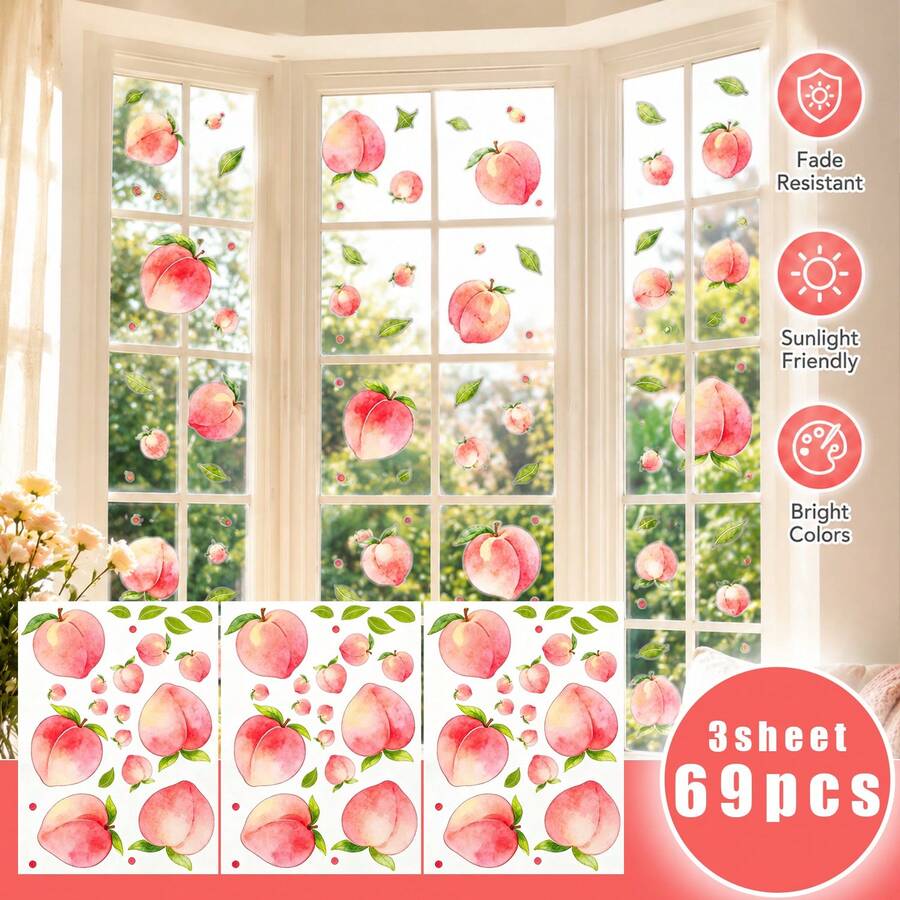 69pcs/3sheet Peach Stickers, Multiple Pink Peach Glass Stickers, Window Stickers, Glass Stickers, Three Sizes, Fruit Stickers, Gift Window Stickers, Fruit Stickers, Wall Window Door Mural Display Decal Stickers, 3 Sheets - Pattern - View 1