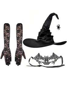 Set 1/3 buah Topi Penyihir Halloween, Sarung Tangan Renda, Topeng Mata Kelelawar, Cocok untuk Cosplay, Pesta Kostum, dan Pesta. - Hitam - View 12