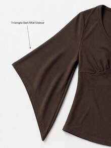 Women's Elegant Deep V-Neck Short Top, 3/4 Bell Sleeves, Fitted Ruched Waist, Basic T-Shirt Suitable For Casual Daily Wear - Coffee Brown - View 9