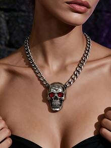 1 buah Kalung Rantai Tebal Tengkorak Mata Berlian Imitasi Merah Perak Gaya Punk Gelap dengan Liontin Kelelawar Timbul, Aksesori Pakaian Keren untuk Pesta Halloween Unisex - Antique Silver - View 1