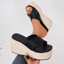 Sandal Selop Wanita Bertumit Wedges Platform Modis Serbaguna, Sandal Anyaman Jerami Elegan - Hitam - View 5