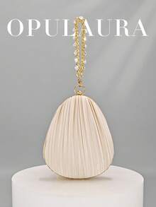 OpulAura 1件杏色緞面女款百褶手提包，精緻迷人閃鑽手鍊裝飾，時尚不對稱方盒造型女用手拿包，適合派對、正式禮服、舞會、畢業典禮、新娘禮服、派對手包、婚禮手拿包 - 杏色 - 查看 1