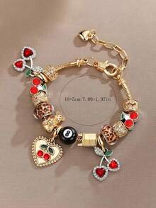 1pc Woman Leopard Print Beaded Bracelet With Heart Cherry Pendant, Adjustable And Detachable DIY String Bracelet, Holiday Gift - Multicolor - View 6