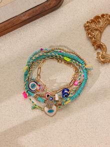 6pcs Bohemian Style Handmade Alloy Chain Evil Eye Anklet (CCB Seed Beads Unspecified) - Turquoise - View 1