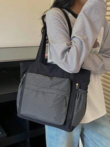 韓式極簡格紋拼接尼龍托特包女款，大容量多口袋單肩包，通勤、上學、購物、旅行、休閒百搭布包，日系學院風大學生課包 - 黑色 - 查看 5