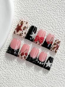 10pcs Kuku Tempel Buatan Tangan Gaya Manis dan Keren, Set Manikur Poly Gel, Motif Bintang, Pita, dan Ceri, Palet Warna Merah, Hitam, dan Cokelat, Desain Modis, Termasuk Alat Manikur, Tersedia 3 Ukuran, Bentuk Almond/Bebek/Peti, Cocok untuk Pesta, Dansa, dan Pemakaian Sehari-hari - MultiWarna - View 15