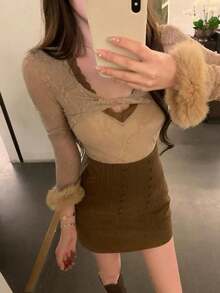 Women's Lace Patchwork Fitted Versatile Top - Mocha Brown - View 6