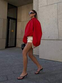 Women's Short Flight Jacket, Stand Collar Zipper Puff Long Sleeve Loose Street Style Short Coat - Red - View 7