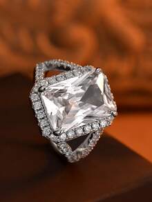 1pc Exquisite Hollow Four-Prong Rectangular Large Diamond Halo Couple Ring, Geometric Evening Party Proposal Engagement Gift Jewelry - White - View 2