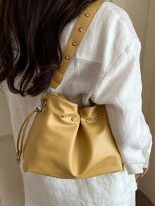 Women's Cloud Bag With Metal Rivet Decor, Adjustable Shoulder Strap, Loose Multi-Compartment Storage, Drawstring Closure, Relaxed Slouchy, Versatile For Daily, Date, Commute, Travel, Shopping, Casual, Underarm And Crossbody Large Bag - Yellow - View 5