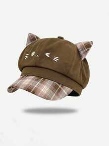 MESHUOKAI Y2K Sweet & Cool Girl 3D Cat Ear Newsboy Cap, Plaid Patchwork Brim, Cartoon Cat Embroidery Fashion Beret, Suitable For Daily Wear - Multicolor - View 9