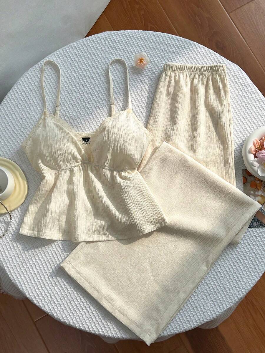 Conjunto de pantalones de pierna ancha versátiles para ir y venir y de vacaciones, con tela texturizada, patchwork y ribete de encaje en estilo Y2K - Albaricoque - Ver 1