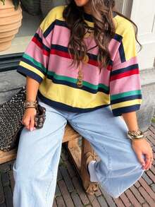 Women's New Autumn Colorblock Striped Knit Top, Casual Daily Commute, Preppy Style - Yellow and Pink - View 5