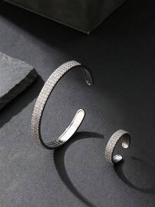 1 Set 2pcs Fashion Full Rhinestone Zirconia Open Ring & Bracelet Jewelry Set For Women Daily Wear Festival Party Wedding - Full-stone - View 3